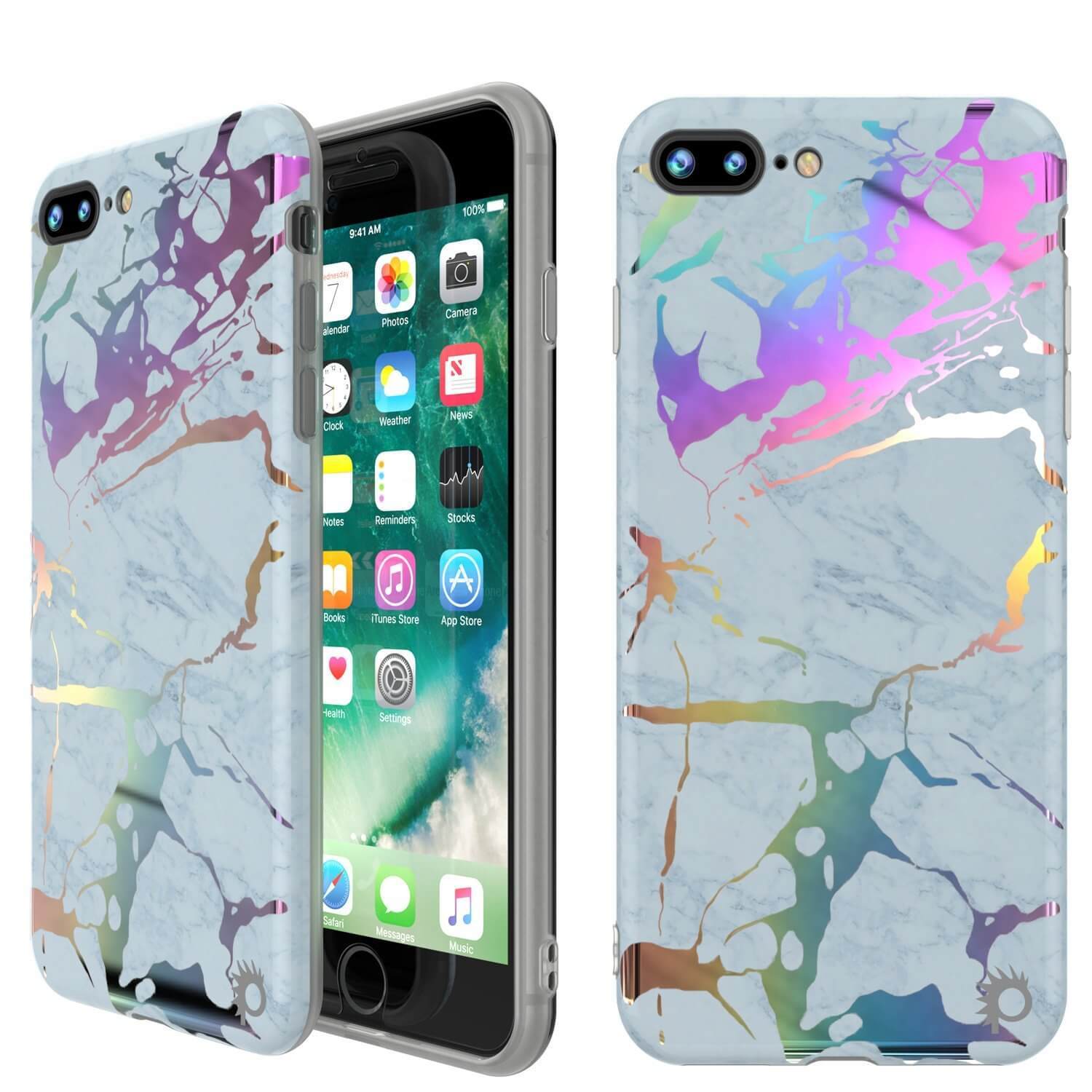 Capa de mármore Punkcase para iPhone 8+ / 7+ Plus, Cobertura Protetora de Corpo Inteiro com Protetor de Tela de Vidro Temperado 9H (Azul Marmo)