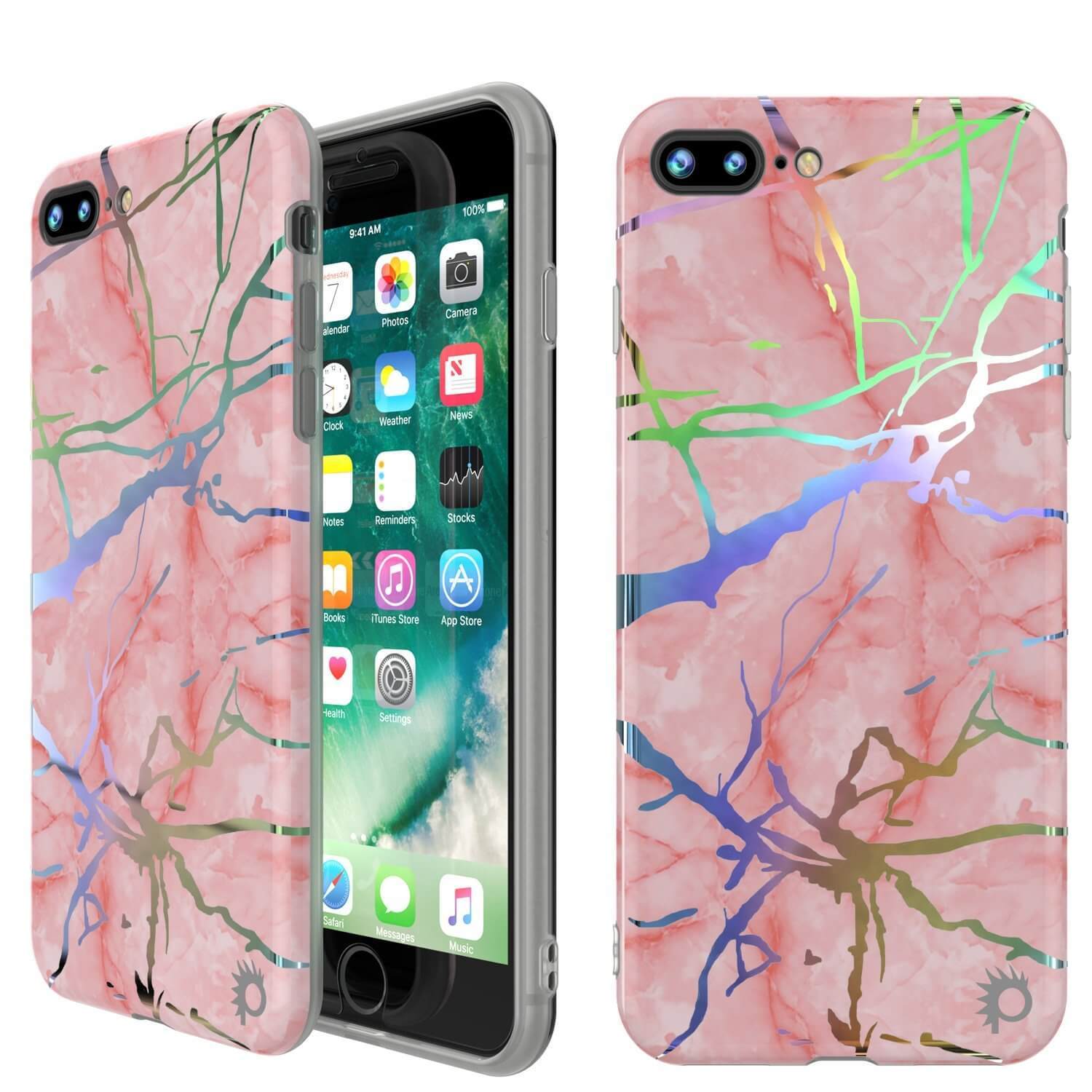Capa de mármore Punkcase para iPhone 8+ / 7+ Plus, cobertura de corpo inteiro protetora com protetor de tela de vidro temperado 9H (Miragem de Rosa)