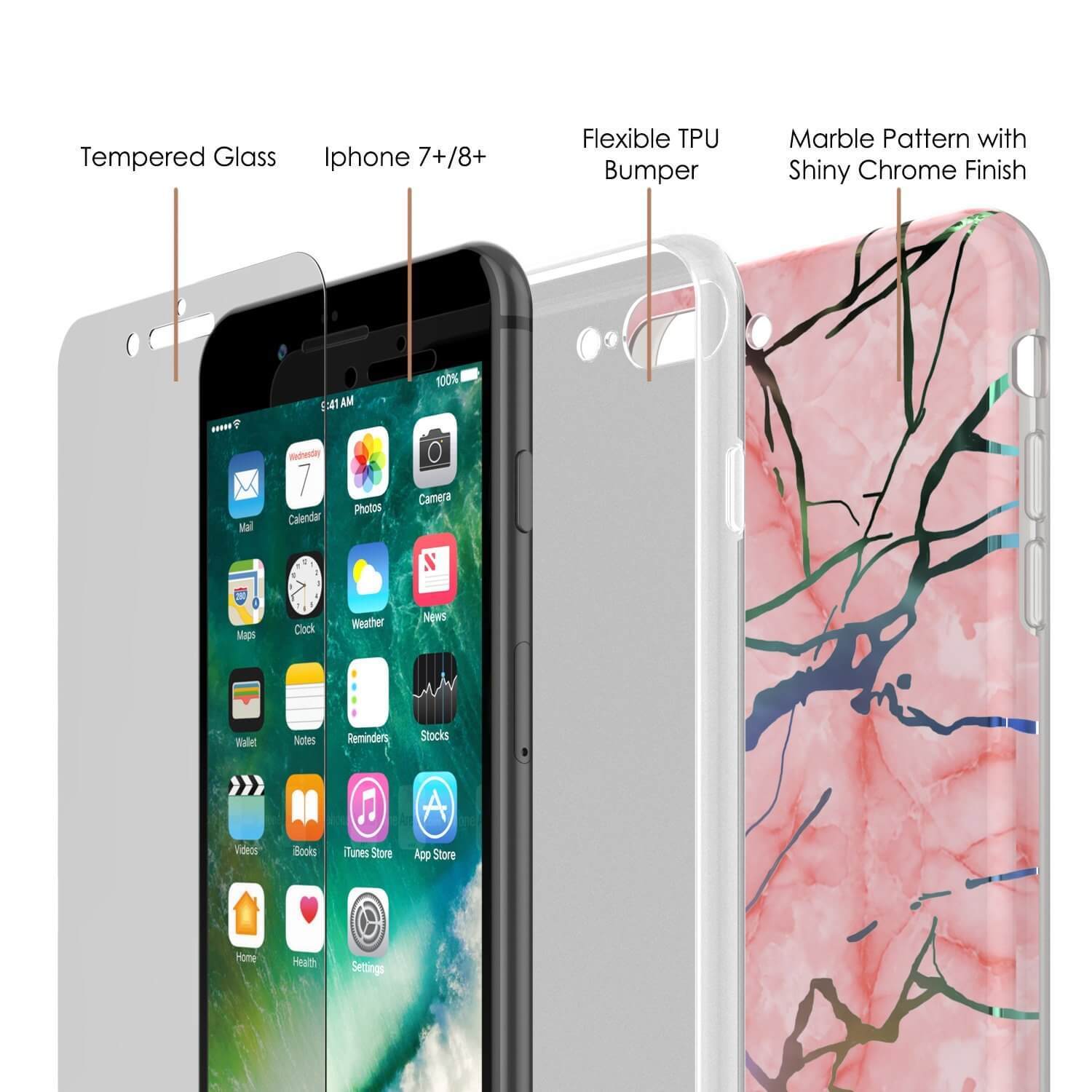 Punkcase iPhone 8+ / 7+ Plus Marble Case, Protective Full Body Cover W/9H Tempered Glass Screen Protector (Rose Mirage) (Color in image: Black Mirage)