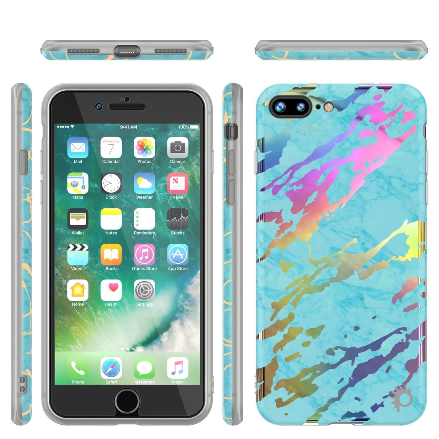 Punkcase iPhone 8+ / 7+ Plus Marble Case, Protective Full Body Cover W/9H Tempered Glass Screen Protector (Teal Onyx) 