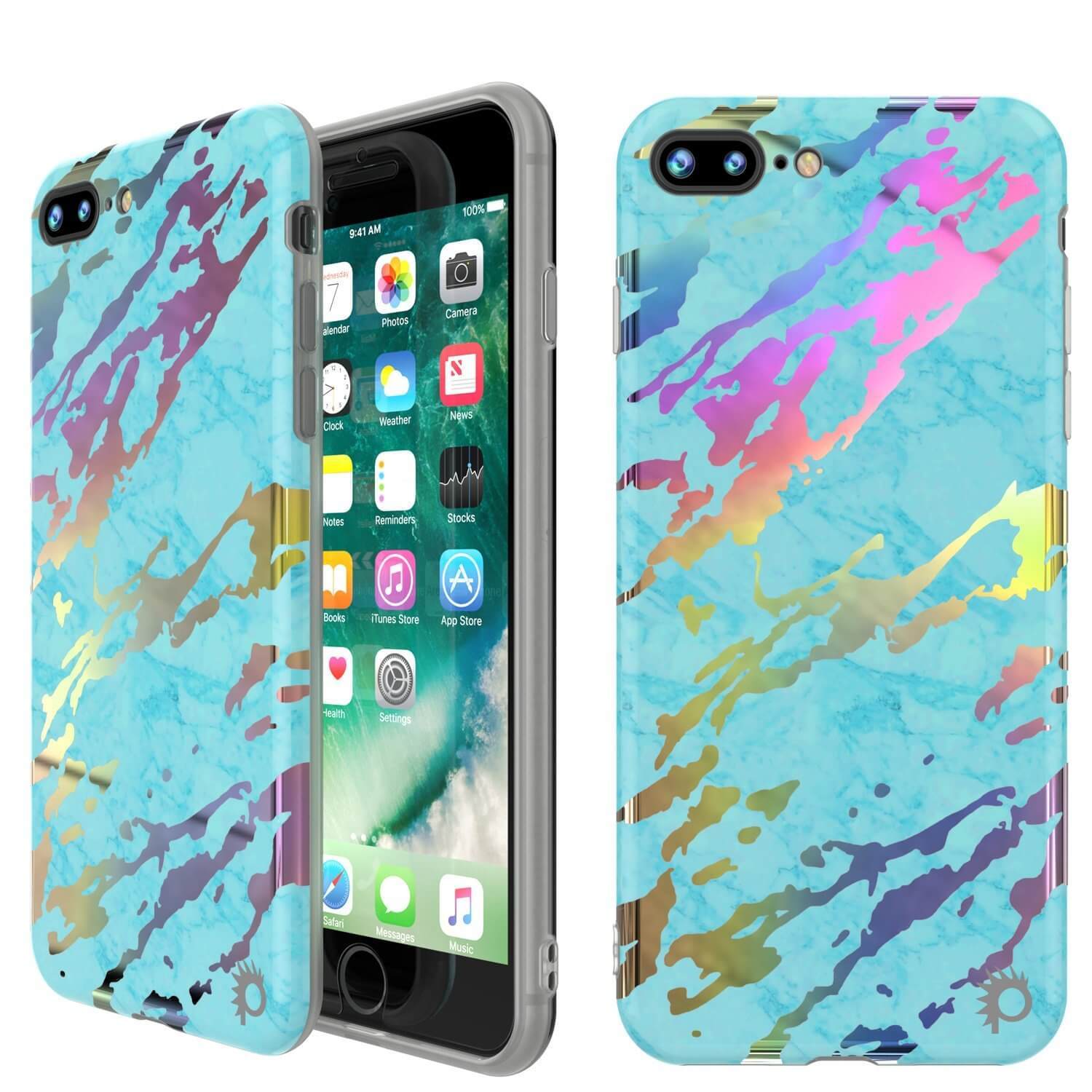Capa de mármore Punkcase para iPhone 8+ / 7+ Plus, cobertura total protetora com protetor de tela de vidro temperado 9H (Teal Onyx)