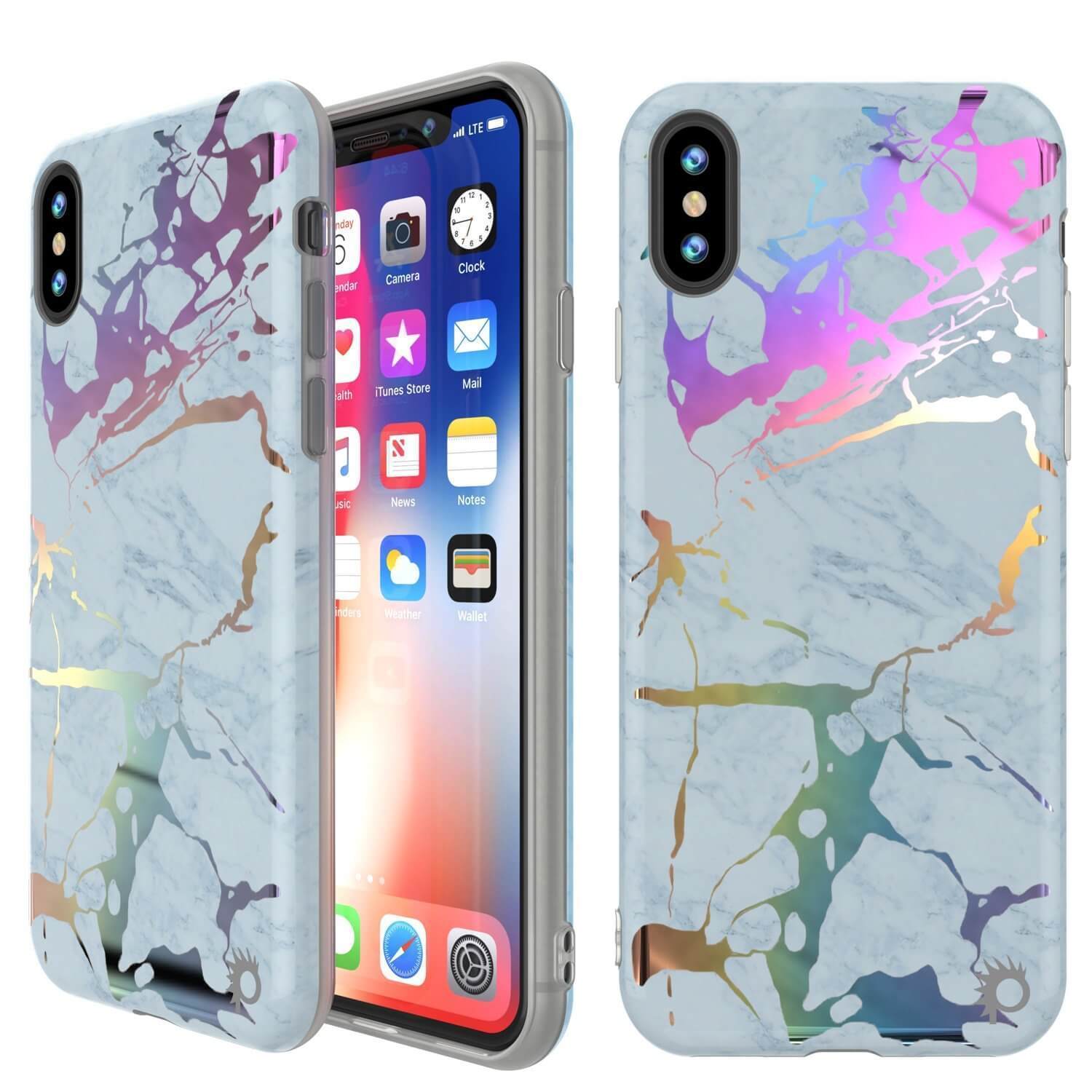 Caixa de mármore Punkcase para iPhone XS Max, capa protetora de corpo inteiro com protetor de tela de vidro temperado 9H (Blue Marmo)