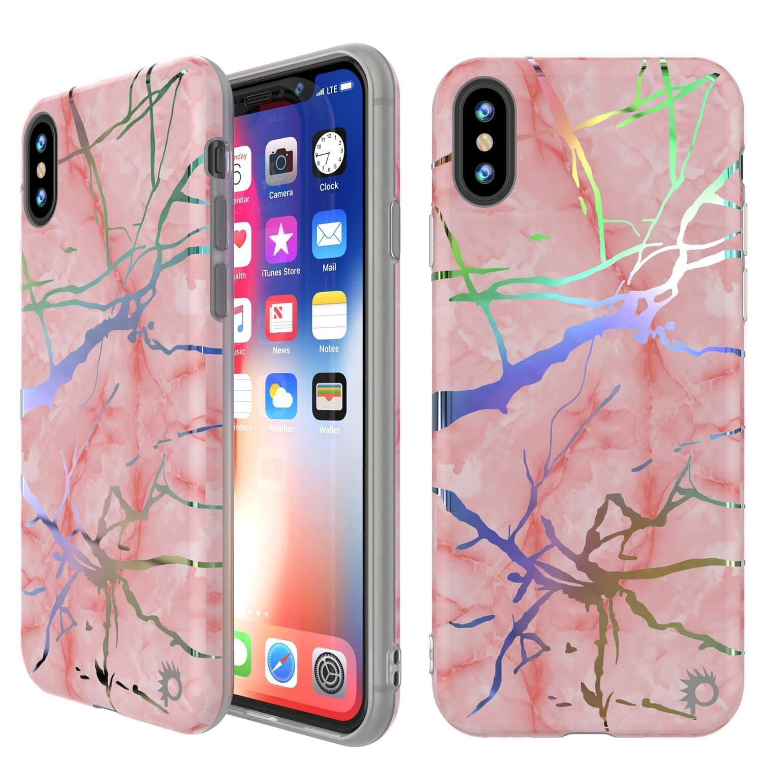 Capa de mármore Punkcase para iPhone X, capa corporal completa protetora c/protetor de tela de vidro temperado 9H (Miragem de ouro rosa)