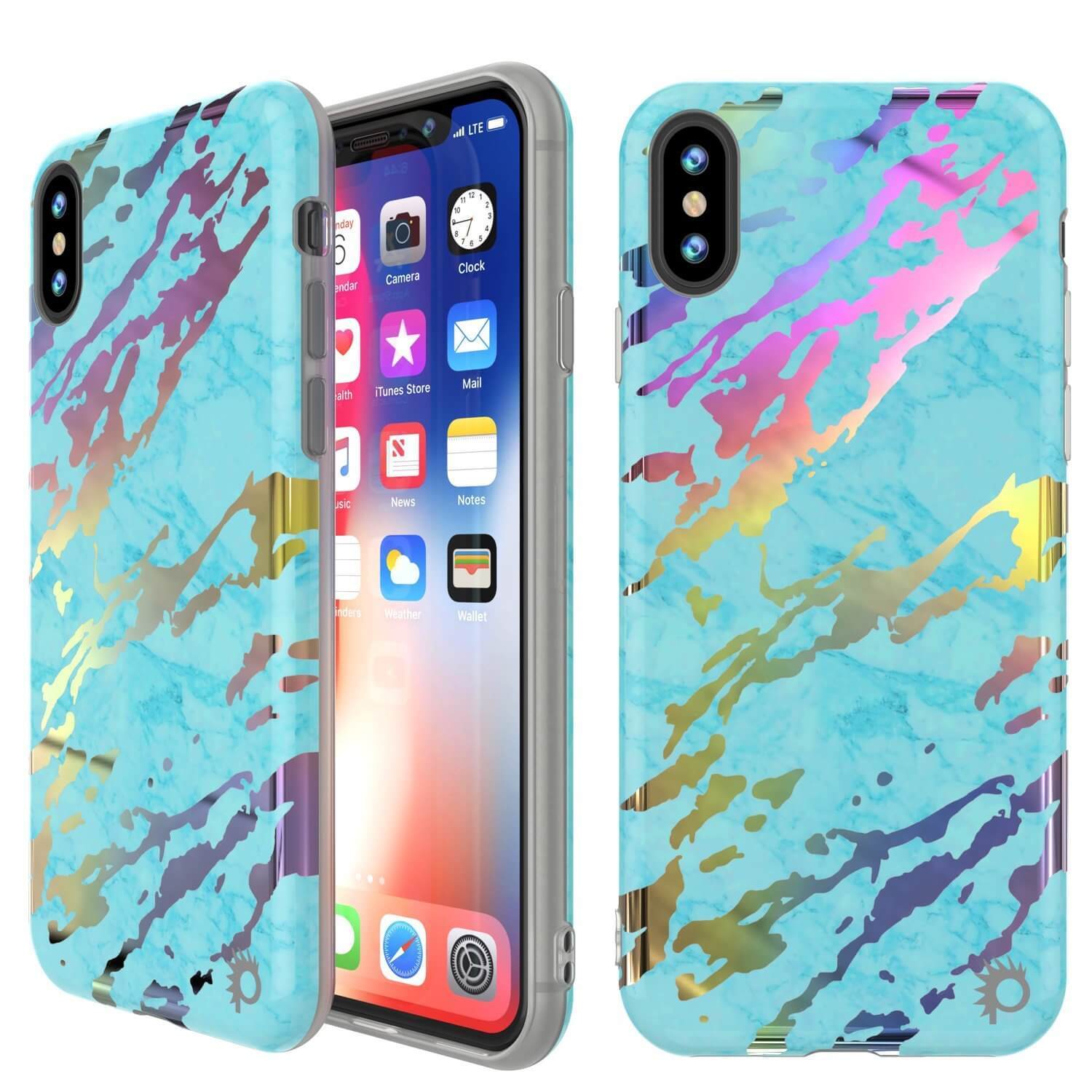 Capa de mármore Punkcase para iPhone X, capa de corpo inteiro protetora com protetor de tela de vidro temperado 9H (Ônix Azul-Verde)