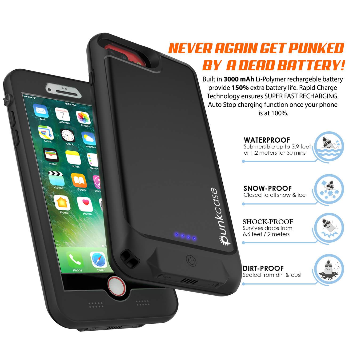 iPhone 6/6s Battery Case PunkJuice  - Waterproof Slim Portable Power Juice Bank with 2750mAh High Capacity (Jet Black)