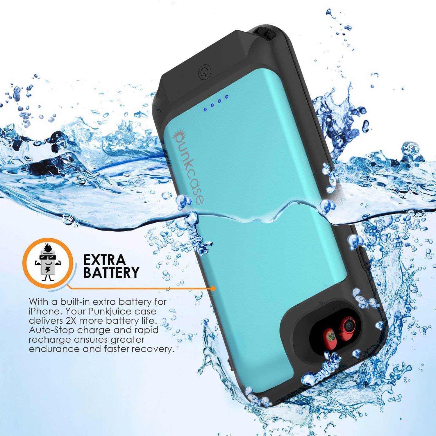 iPhone 6/6s Battery Case PunkJuice  - Waterproof Slim Portable Power Juice Bank with 2750mAh High Capacity (Teal) (Color in image: Jet Black)