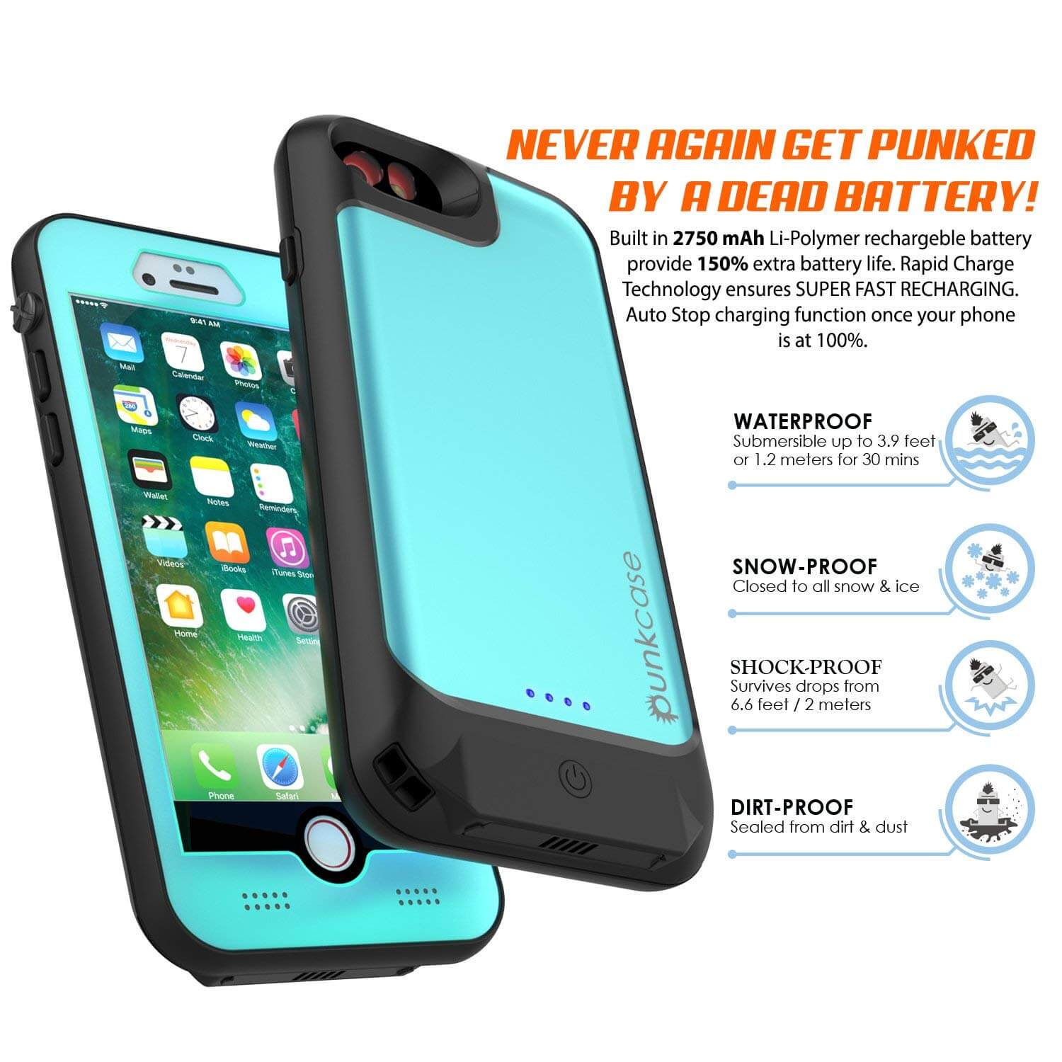 iPhone 6/6s Battery Case PunkJuice  - Waterproof Slim Portable Power Juice Bank with 2750mAh High Capacity (Teal)