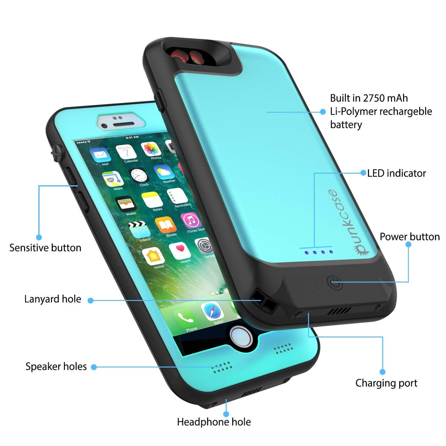 iPhone 6/6s Battery Case PunkJuice  - Waterproof Slim Portable Power Juice Bank with 2750mAh High Capacity (Teal)