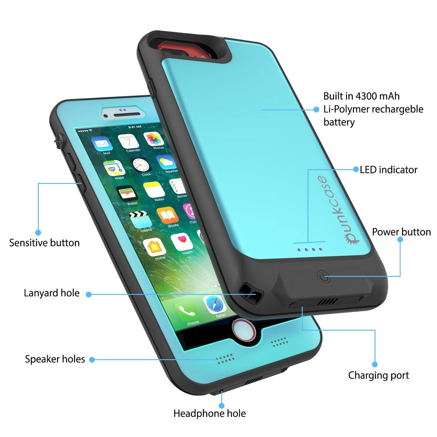 PunkJuice iPhone 6+ Plus/6s+ Plus Battery Case Teal - Waterproof Power Juice Bank w/ 4300mAh