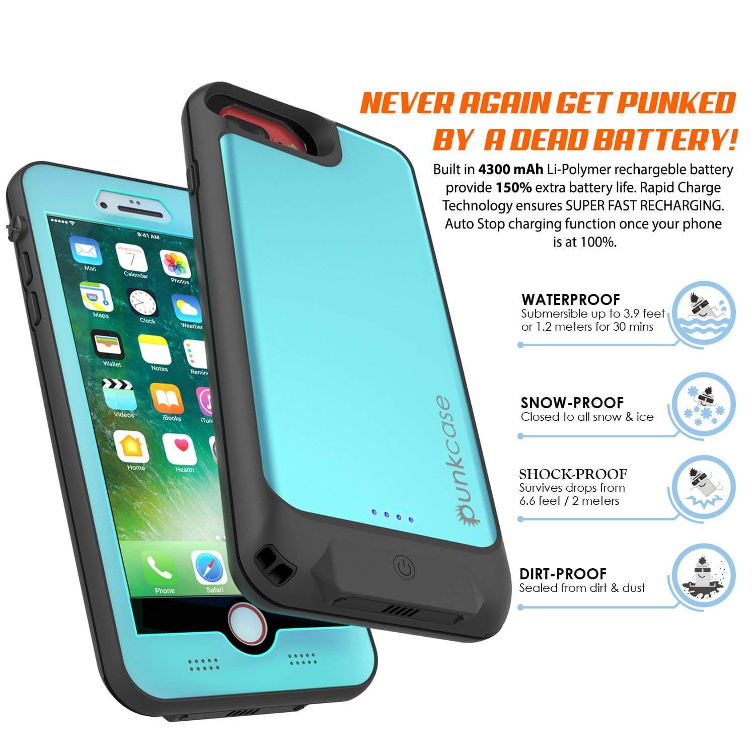 PunkJuice iPhone 6+ Plus/6s+ Plus Battery Case Teal - Waterproof Power Juice Bank w/ 4300mAh