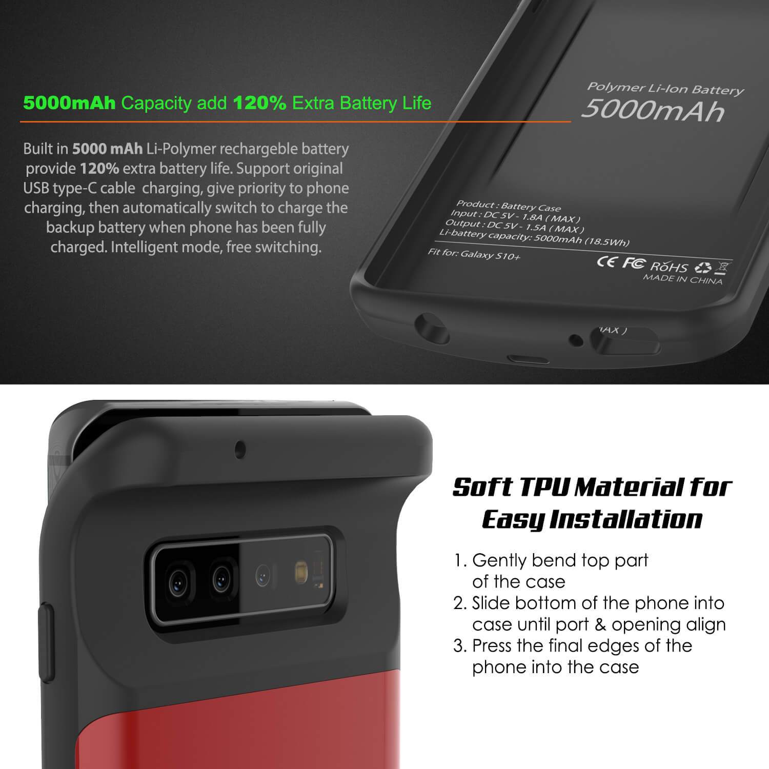 PunkJuice S10+ Plus Battery Case Red - Fast Charging Power Juice Bank with 5000mAh (Color in image: Blue)