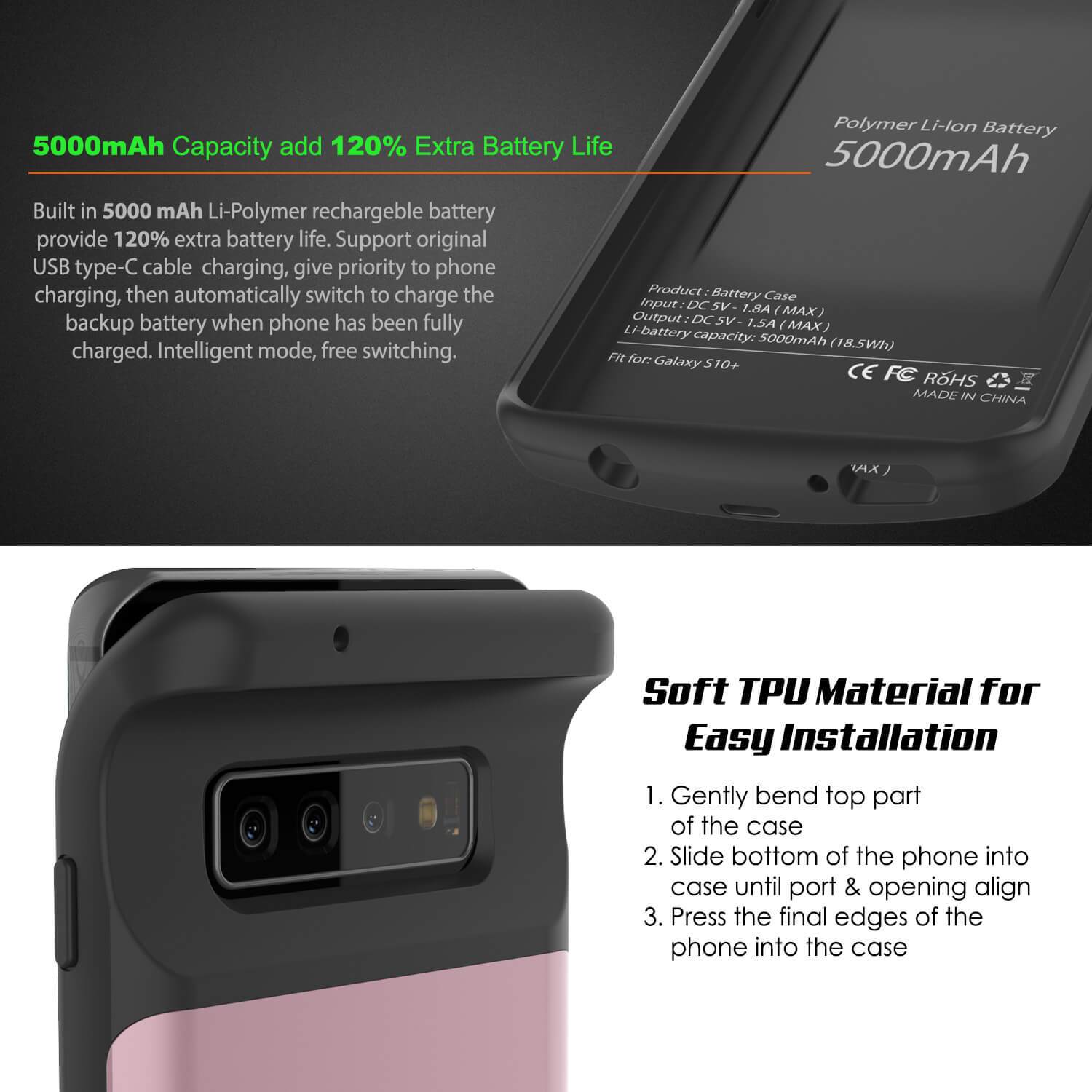 PunkJuice S10+ Plus Battery Case Rose - Fast Charging Power Juice Bank with 5000mAh (Color in image: Blue)