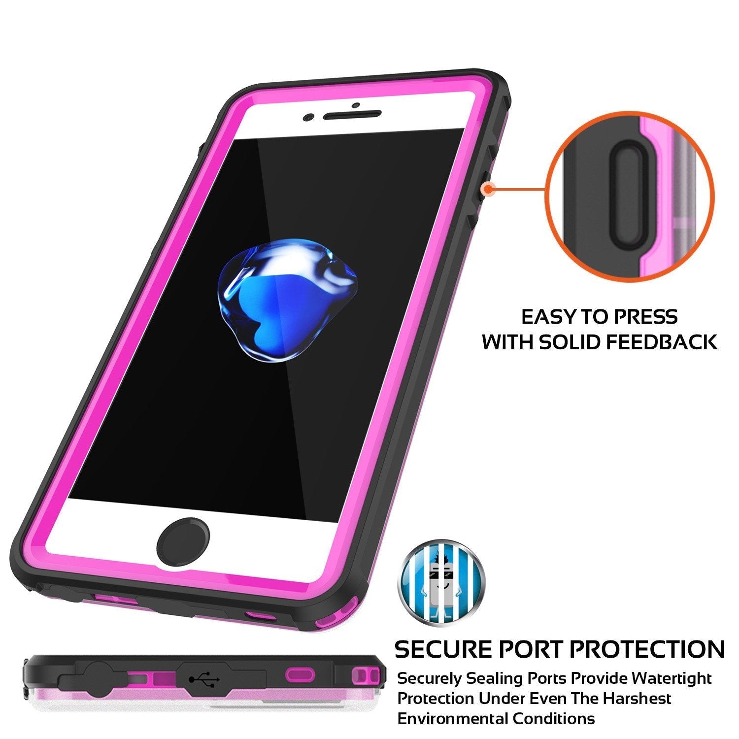iPhone 8+ Plus Waterproof Case, PUNKcase CRYSTAL Pink W/ Attached Screen Protector  | Warranty (Color in image: red)
