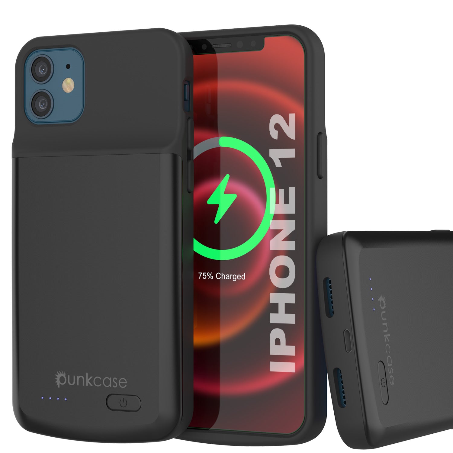 Capa de bateria iPhone 12, PunkJuice 4800mAH Power Bank de carregamento rápido com protetor de tela | [Preto]