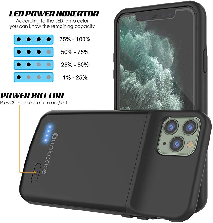 Capa de bateria para iPhone 11 Pro, PunkJuice 5000mAH Power Bank de carregamento rápido com protetor de tela | [Preto]