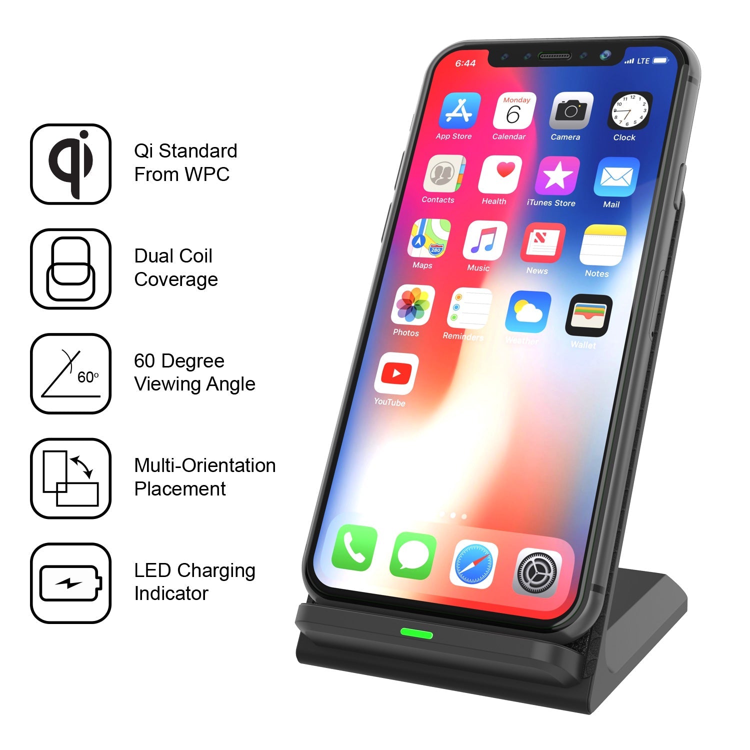 a JEWN Qi Standard From WPC Dual Coil Coverage 60 Degree Viewing Angle Multi-Orientation Placement LED Charging Indicator
