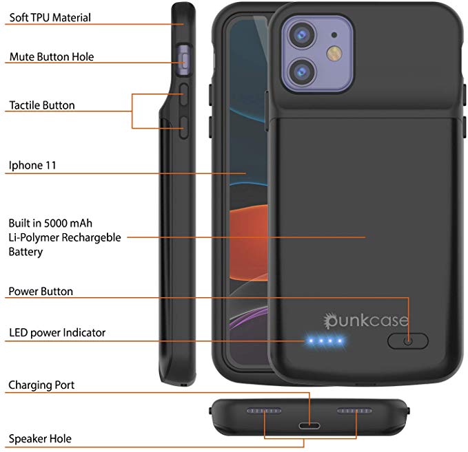 Capa de bateria iPhone 11, PunkJuice Power Bank de carregamento rápido de 5000mAh com Protetor de Tela | [Preto]