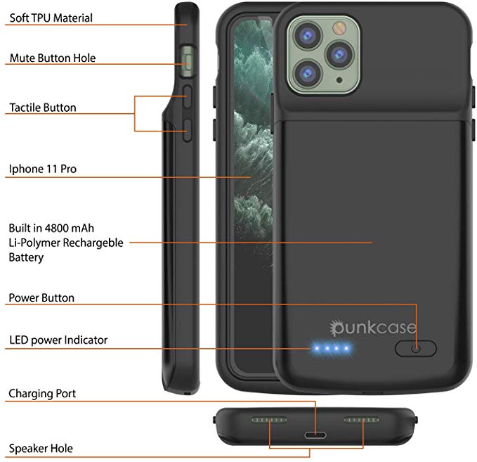Capa de bateria para iPhone 11 Pro, PunkJuice 5000mAH Power Bank de carregamento rápido com protetor de tela | [Preto]