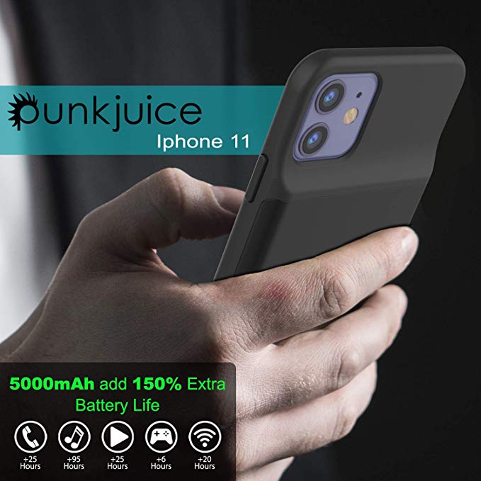 Capa de bateria iPhone 11, PunkJuice Power Bank de carregamento rápido de 5000mAh com Protetor de Tela | [Preto]