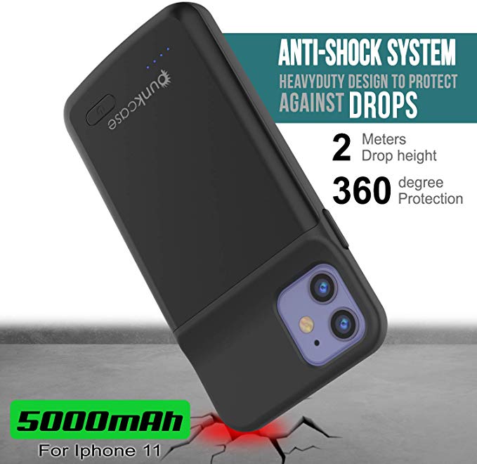 Capa de bateria iPhone 11, PunkJuice Power Bank de carregamento rápido de 5000mAh com Protetor de Tela | [Preto]