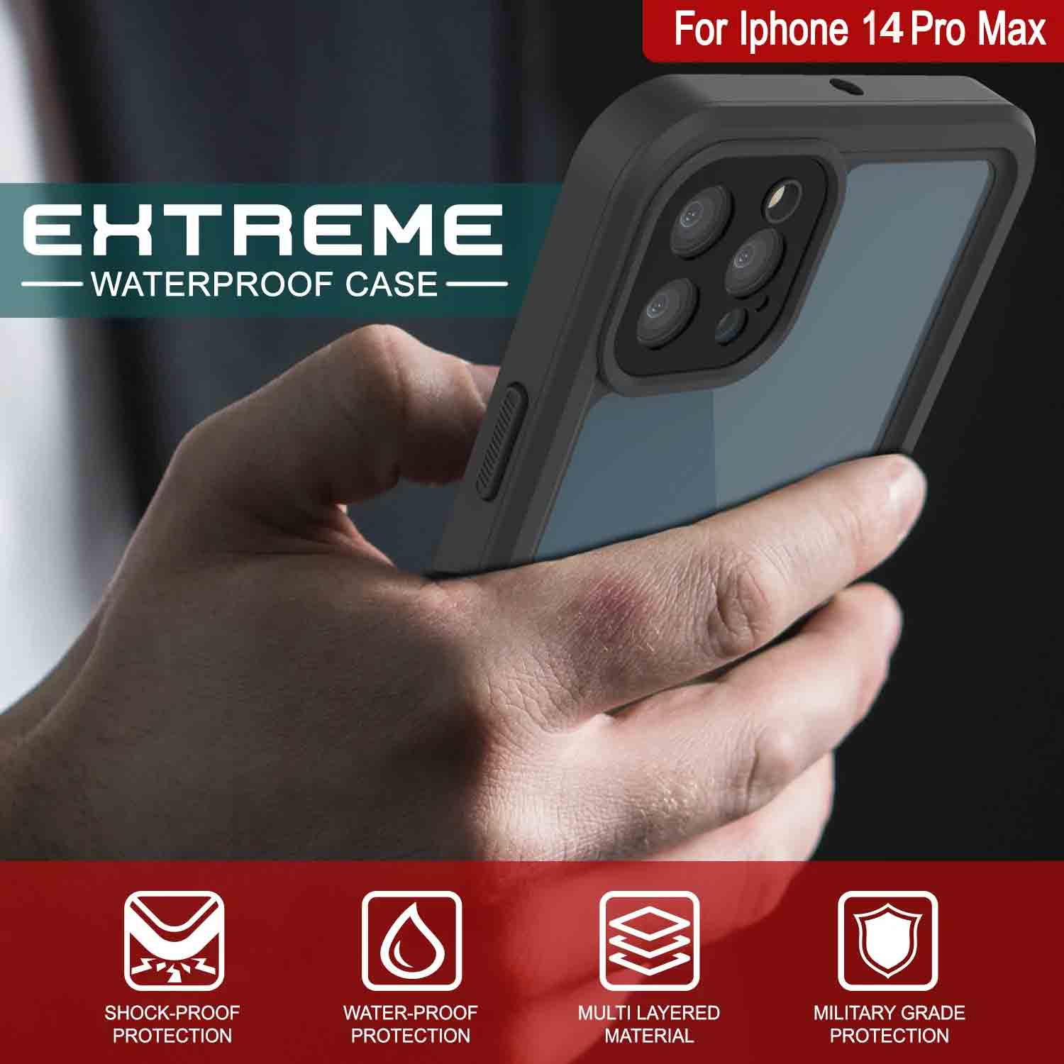 For Iphone 14 Pro Max H TREME ' WATERPROOF CASE f fs ot - 4 (6 S SHOCK-PROOF WATER-PROOF MULTI LAYERED MILITARY GRADE PROTECTION PROTECTION MATERIAL PROTECTION (Color in image: Light Blue)
