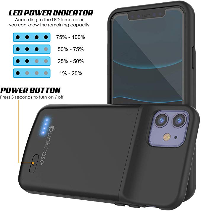 Capa de bateria iPhone 11, PunkJuice Power Bank de carregamento rápido de 5000mAh com Protetor de Tela | [Preto]