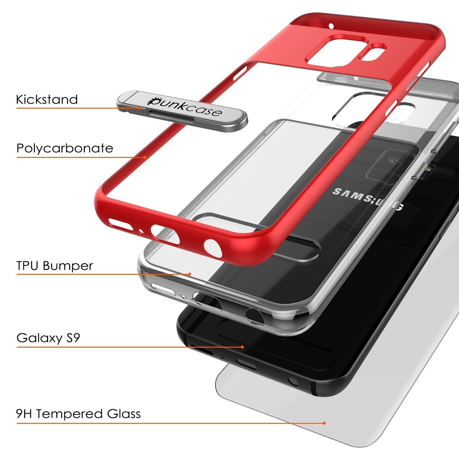 Galaxy S9 Case, PUNKcase [LUCID 3.0 Series] [Slim Fit] [Clear Back] Armor Cover w/ Integrated Kickstand, Anti-Shock System & PUNKSHIELD Screen Protector for Samsung Galaxy S9 [Red] (Color in image: Black)