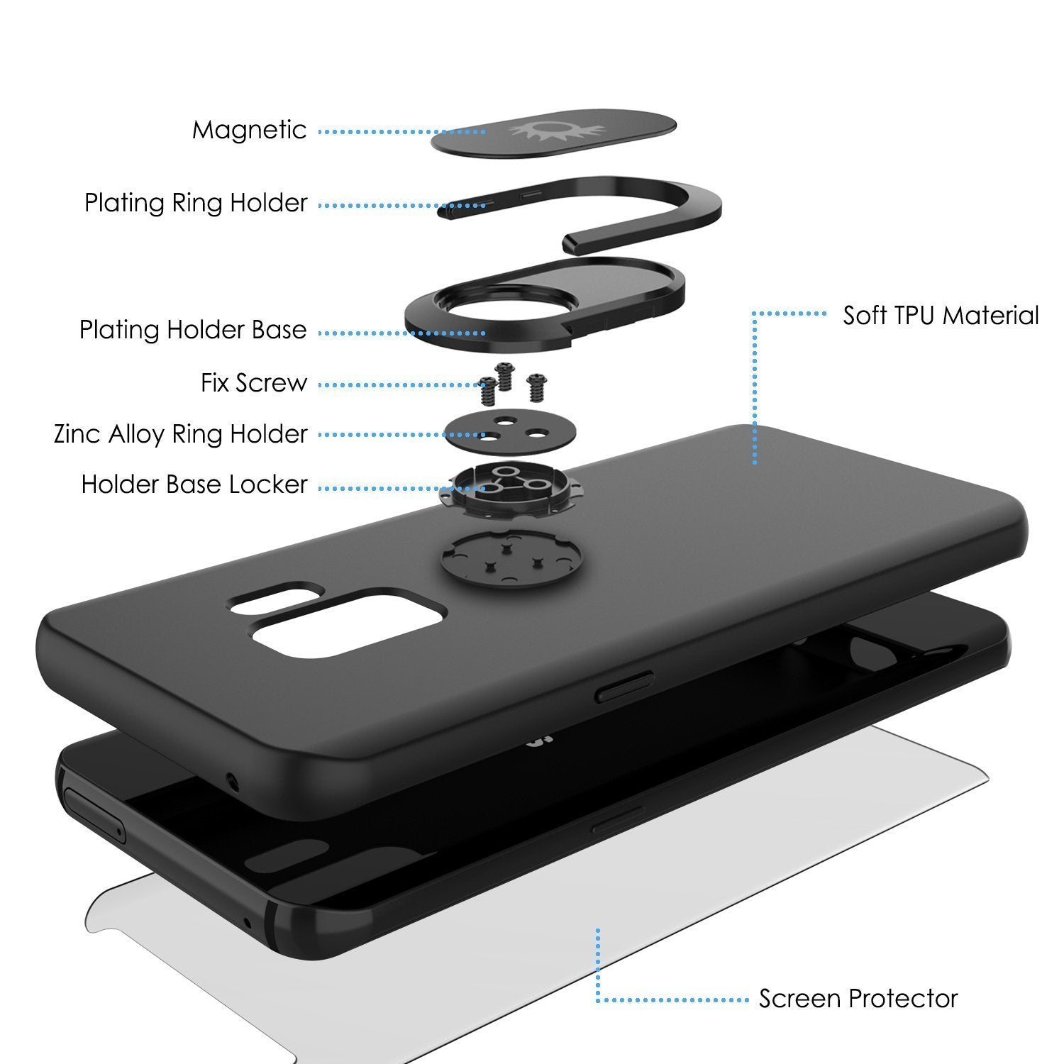 Galaxy S9 Case, Punkcase Magnetix Protective TPU Cover W/ Kickstand, Ring Grip Holder & Metal Plate for Magnetic Car Phone Mount PLUS PunkShield Screen Protector for Samsung S9 Edge [Black] (Color in image: blue)