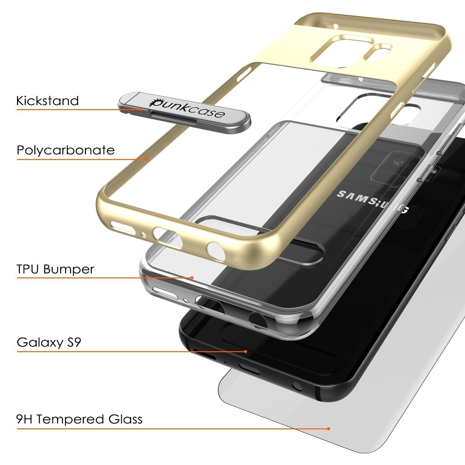 Galaxy S9 Case, PUNKcase [LUCID 3.0 Series] [Slim Fit] [Clear Back] Armor Cover w/ Integrated Kickstand, Anti-Shock System & PUNKSHIELD Screen Protector for Samsung Galaxy S9 [Gold] (Color in image: Black)