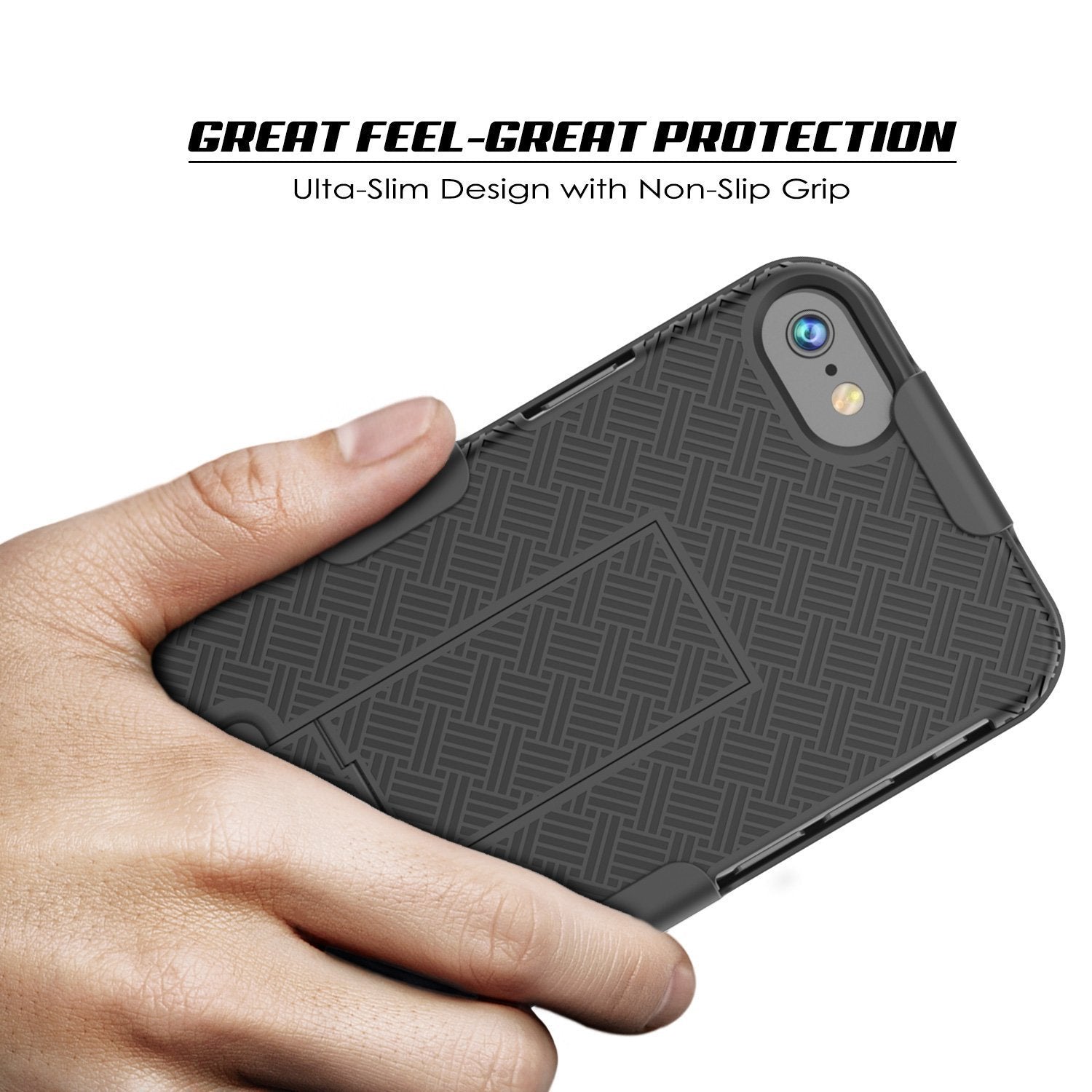 Punkcase iPhone SE (4.7") Case With Tempered Glass Screen Protector, Holster Belt Clip & Built-In Kickstand Non Slip Dual Layer Hybrid TPU Full Body Protection [Thin Fit] for Apple iPhone 7 & 8 [Black] 