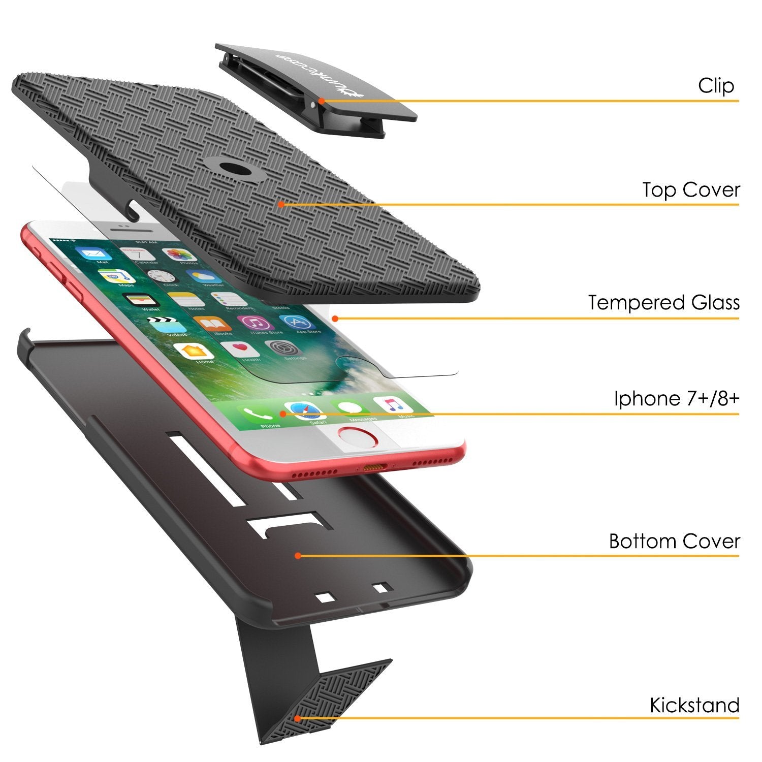 Punkcase iPhone 8 / 7 Plus Case With Tempered Glass Screen Protector, Holster Belt Clip & Built-In Kickstand Non Slip Dual Layer Hybrid TPU Full Body Protection [Thin Fit] for Apple iPhone 7+ & 8+ [Black] 