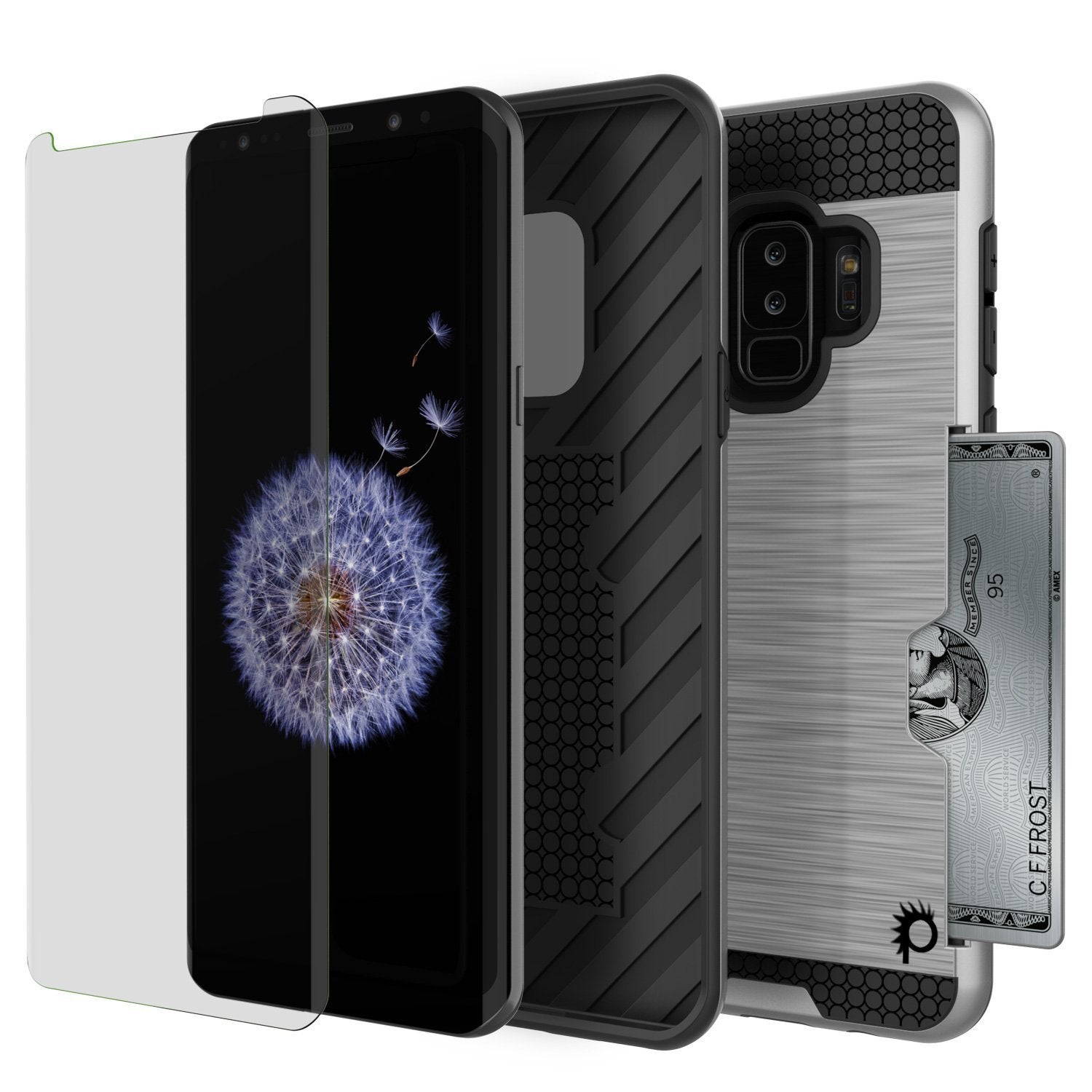 Galaxy S9 Plus Case, PUNKcase [SLOT Series] [Slim Fit] Dual-Layer Armor Cover w/Integrated Anti-Shock System, Credit Card Slot [Silver] (Color in image: Black)