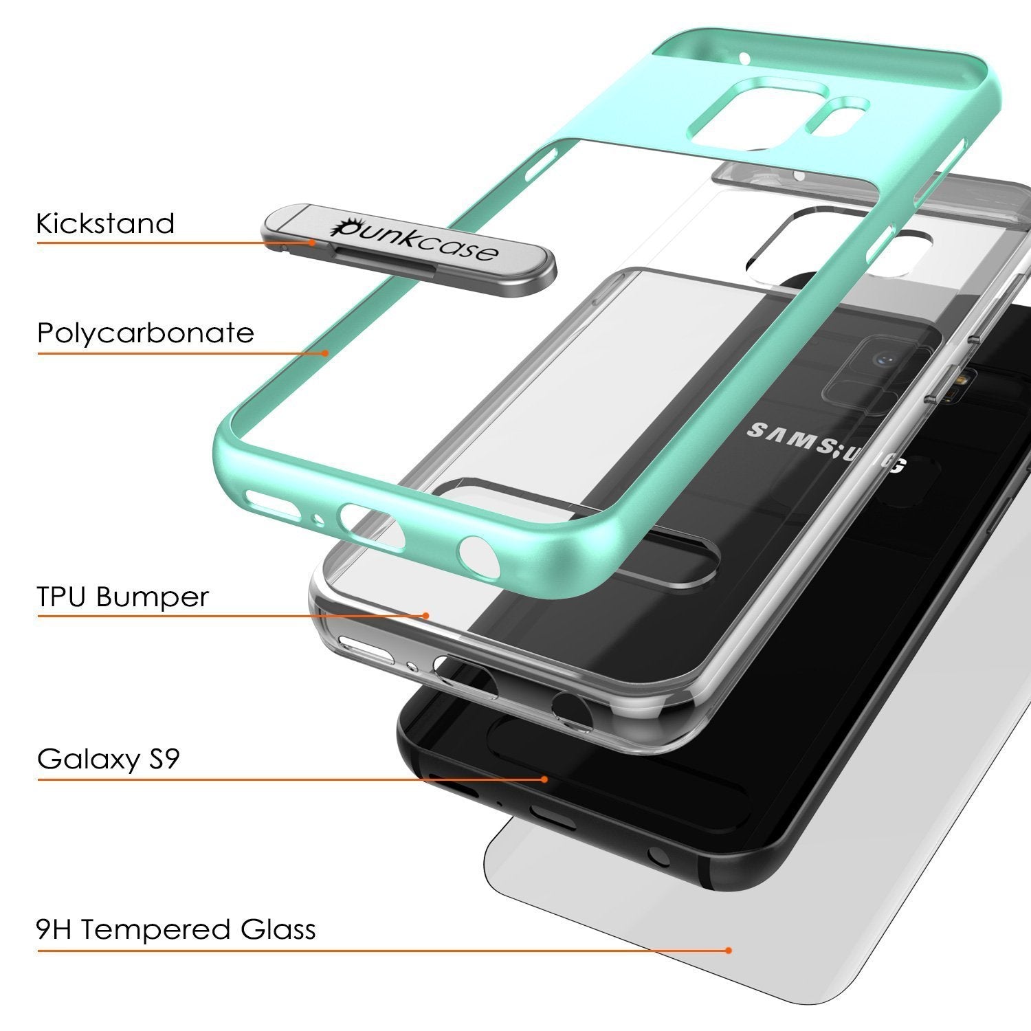Galaxy S9 Case, PUNKcase [LUCID 3.0 Series] [Slim Fit] [Clear Back] Armor Cover w/ Integrated Kickstand, Anti-Shock System & PUNKSHIELD Screen Protector for Samsung Galaxy S9 [Teal] (Color in image: Black)