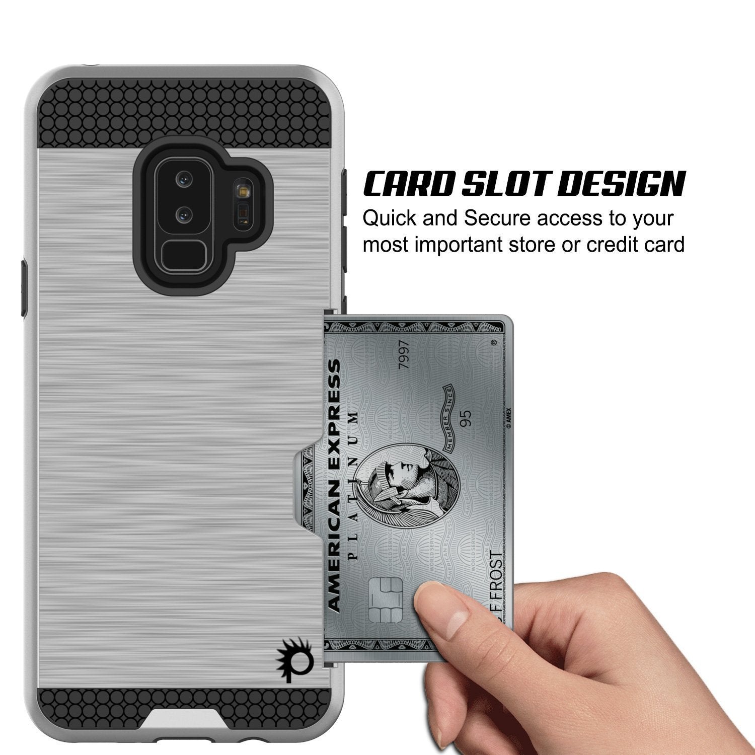 Galaxy S9 Plus Case, PUNKcase [SLOT Series] [Slim Fit] Dual-Layer Armor Cover w/Integrated Anti-Shock System, Credit Card Slot [Silver] (Color in image: White)