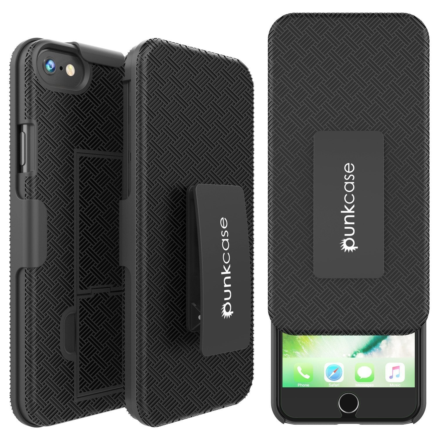 Capa Punkcase para iPhone SE (4,7") com Protetor de Tela de Vidro Temperado, Clip de Cinto, e Suporte com Kickstand Integrado, Dupla Camada Híbrida de TPU Antiderrapante de Proteção Total do Corpo para iPhone 7 e 8 da Apple [Preto]