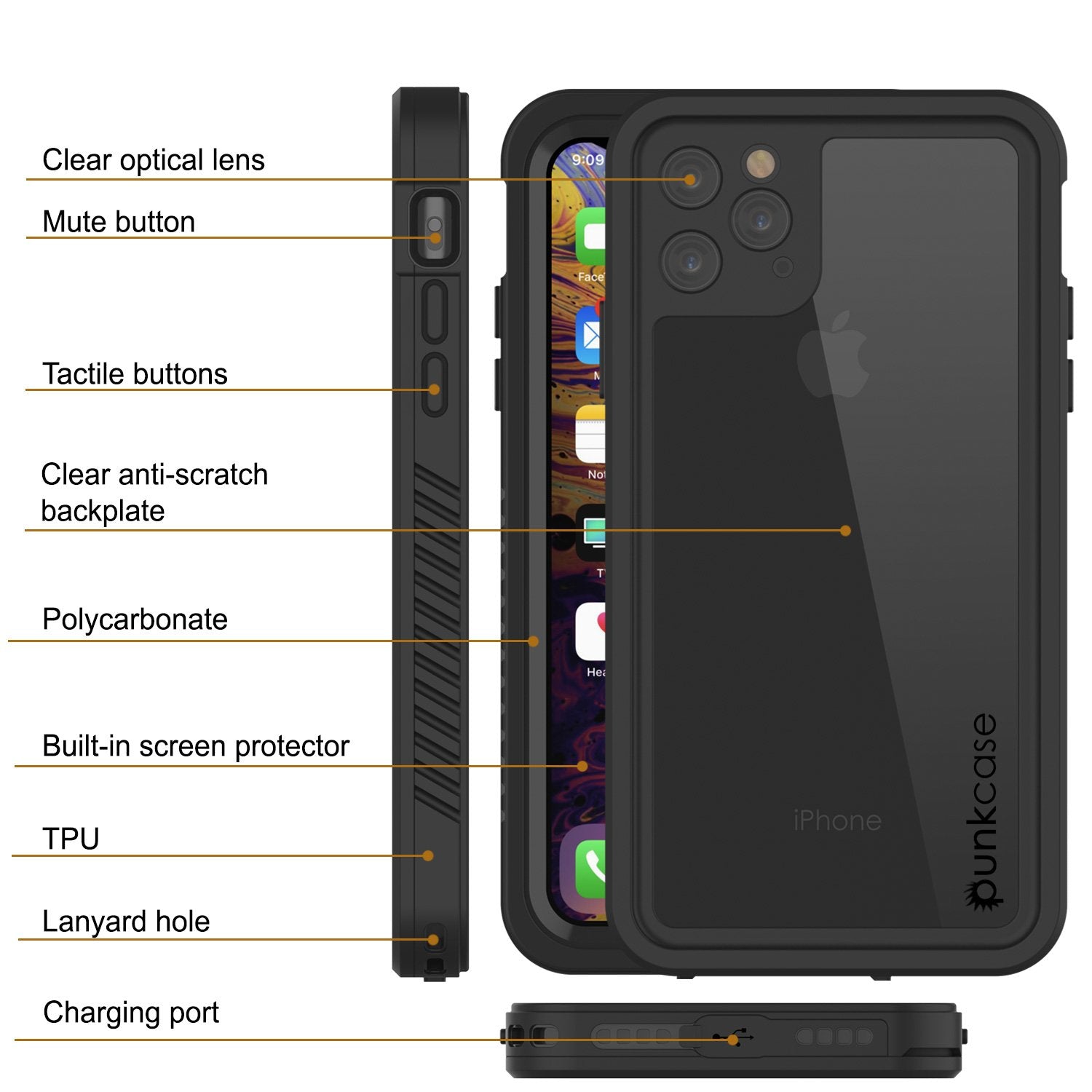Capinha impermeável para iPhone 11 Pro Max, Punkcase [Série Extreme] Capinha de armadura com protetor de tela embutido  [Preto]