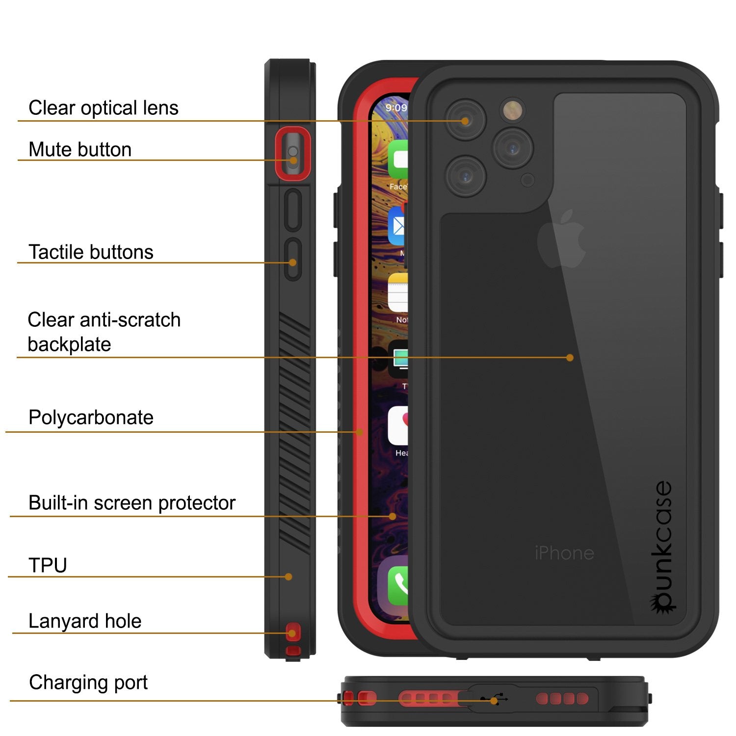 Capinha impermeável para iPhone 11 Pro Max, Punkcase [Série Extreme] Capinha de armadura com protetor de tela embutido  [Vermelho]