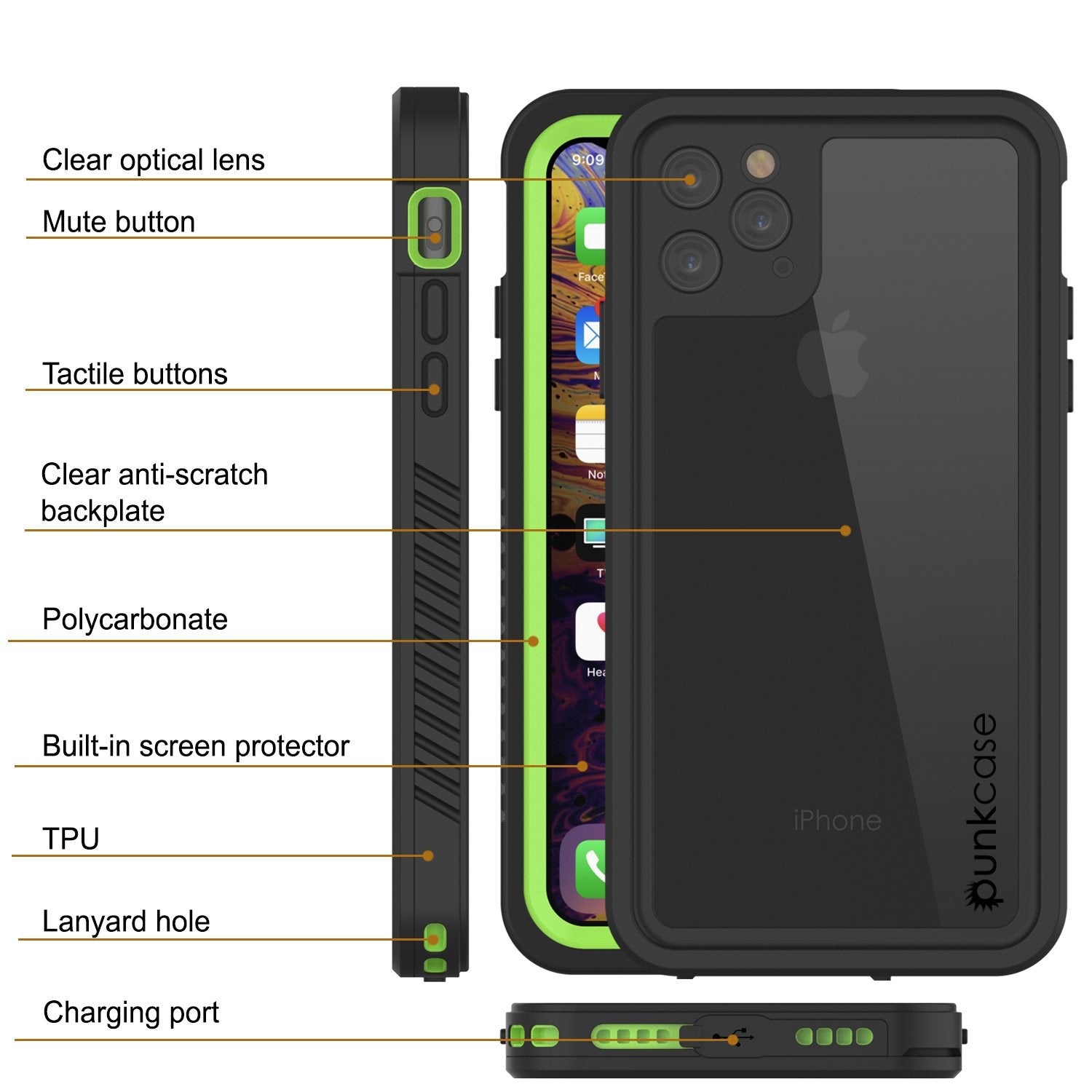 Capinha impermeável para iPhone 11 Pro Max, Punkcase [Série Extreme] Capinha de armadura com protetor de tela embutido  [Luz Verde]