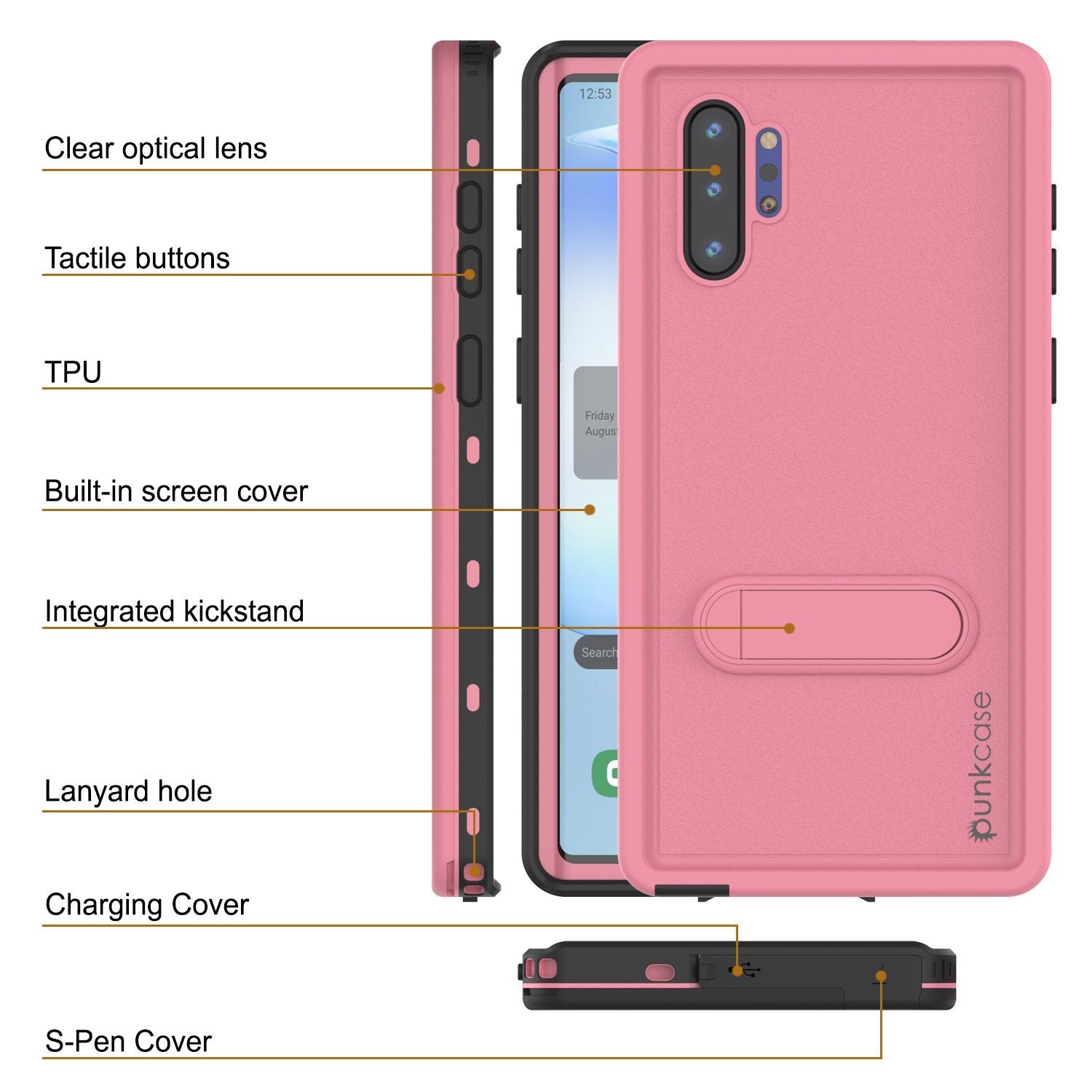 PunkCase Galaxy Note 10+ Plus Waterproof Case, [KickStud Series] Armor Cover [Pink] (Color in image: Light Blue)