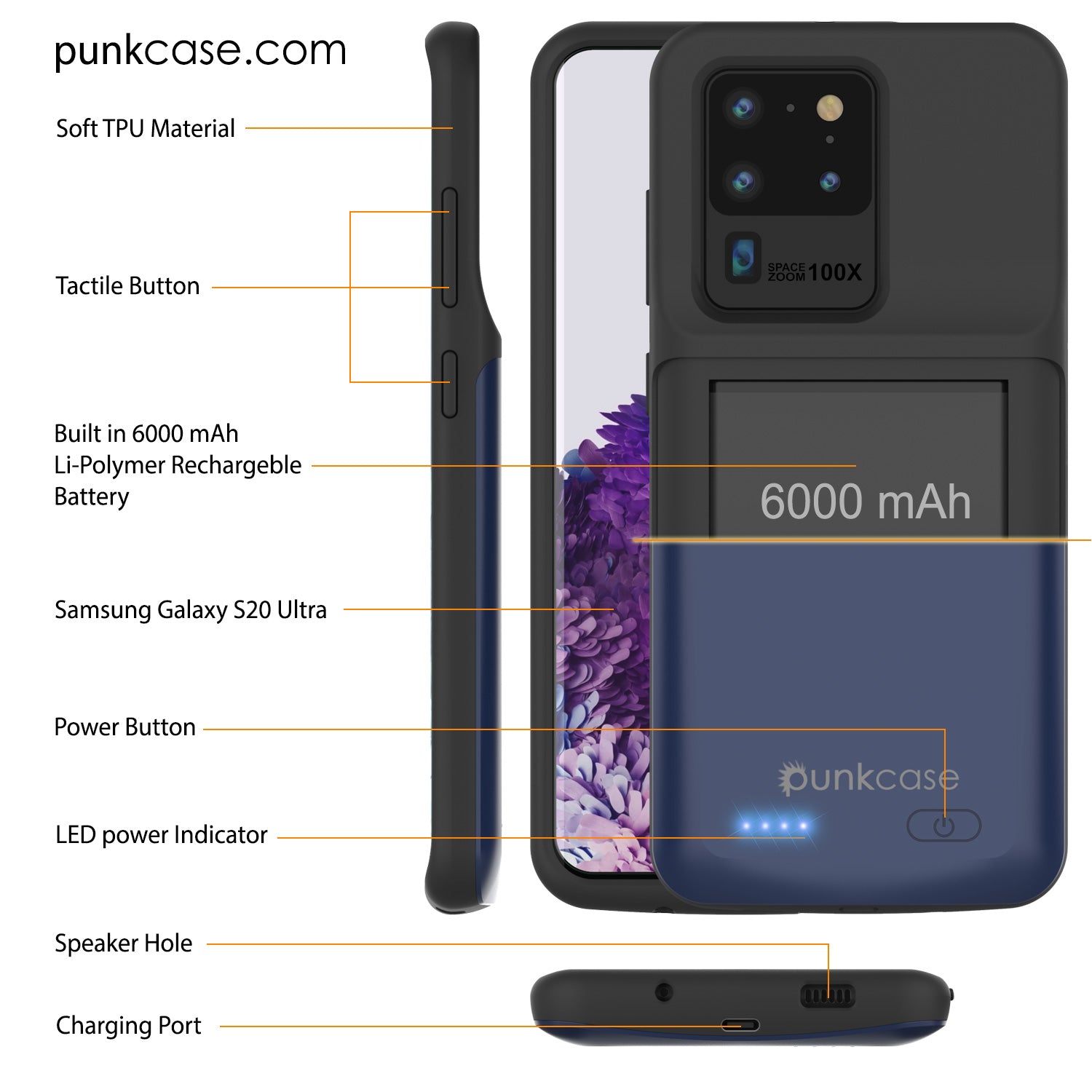PunkJuice S20 Ultra Battery Case All Blue - Fast Charging Power Juice Bank with 6000mAh (Color in image: All Black)