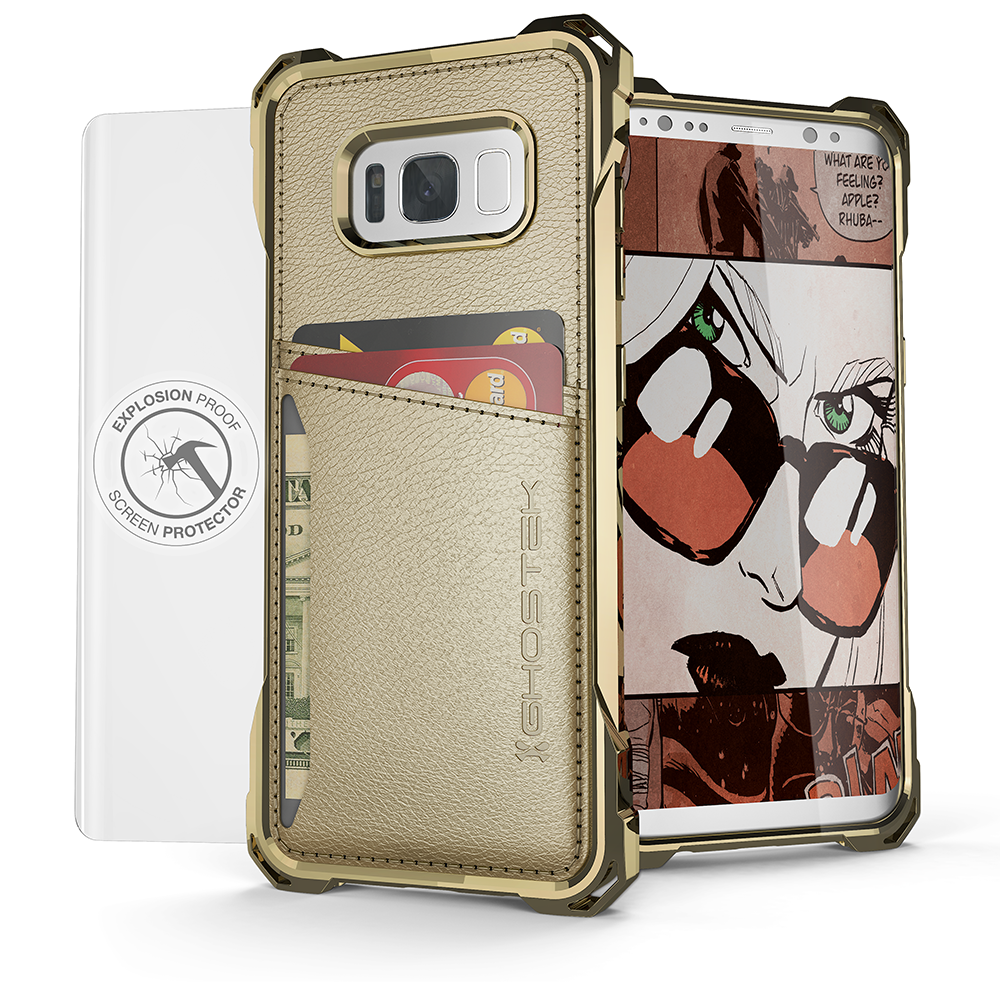 Capa para carteira Galaxy S8, série Exec Gold da Ghostek | Bumper híbrido de impacto Slim Armor | Capa de manga com suporte para cartão de crédito em couro TPU PU