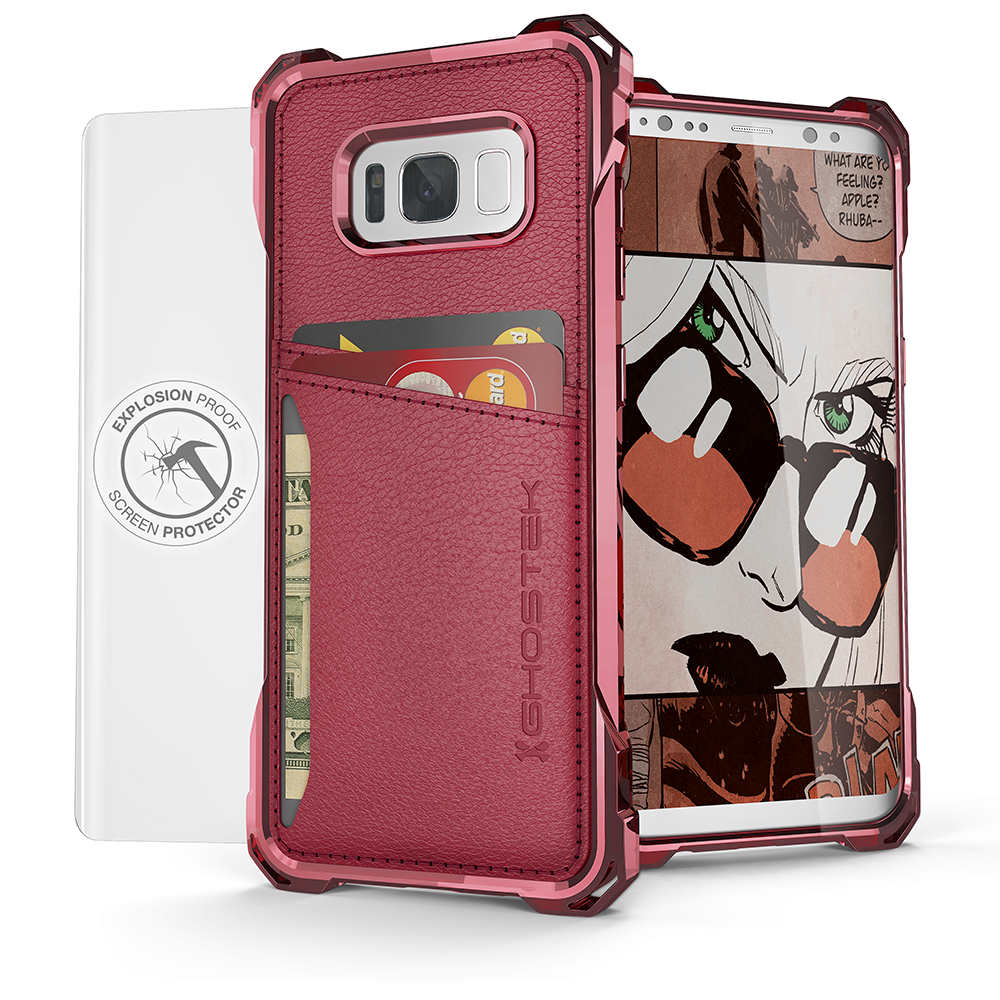 Capa carteira Galaxy S8, Ghostek Exec Série Vermelha | Híbrida Slim Armor Impact Bumper | Capa de manga de suporte para cartão de crédito em couro TPU PU