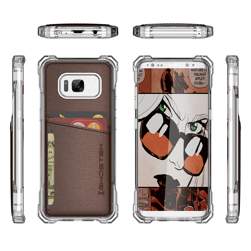 Galaxy S8 Wallet Case, Ghostek Exec Brown Series | Slim Armor Hybrid Impact Bumper | TPU PU Leather Credit Card Slot Holder Sleeve Cover (Color in image: Gold)