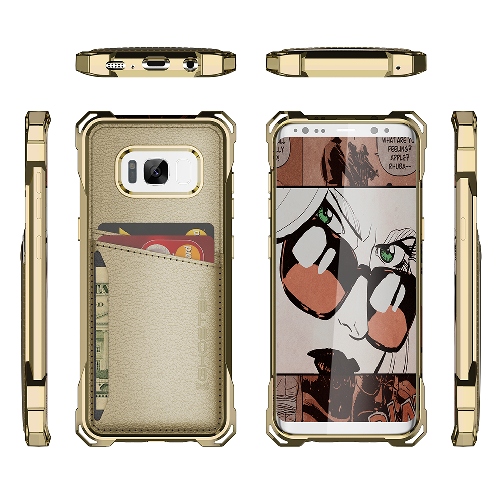 Galaxy S8 Wallet Case, Ghostek Exec Gold Series | Slim Armor Hybrid Impact Bumper | TPU PU Leather Credit Card Slot Holder Sleeve Cover (Color in image: Red)