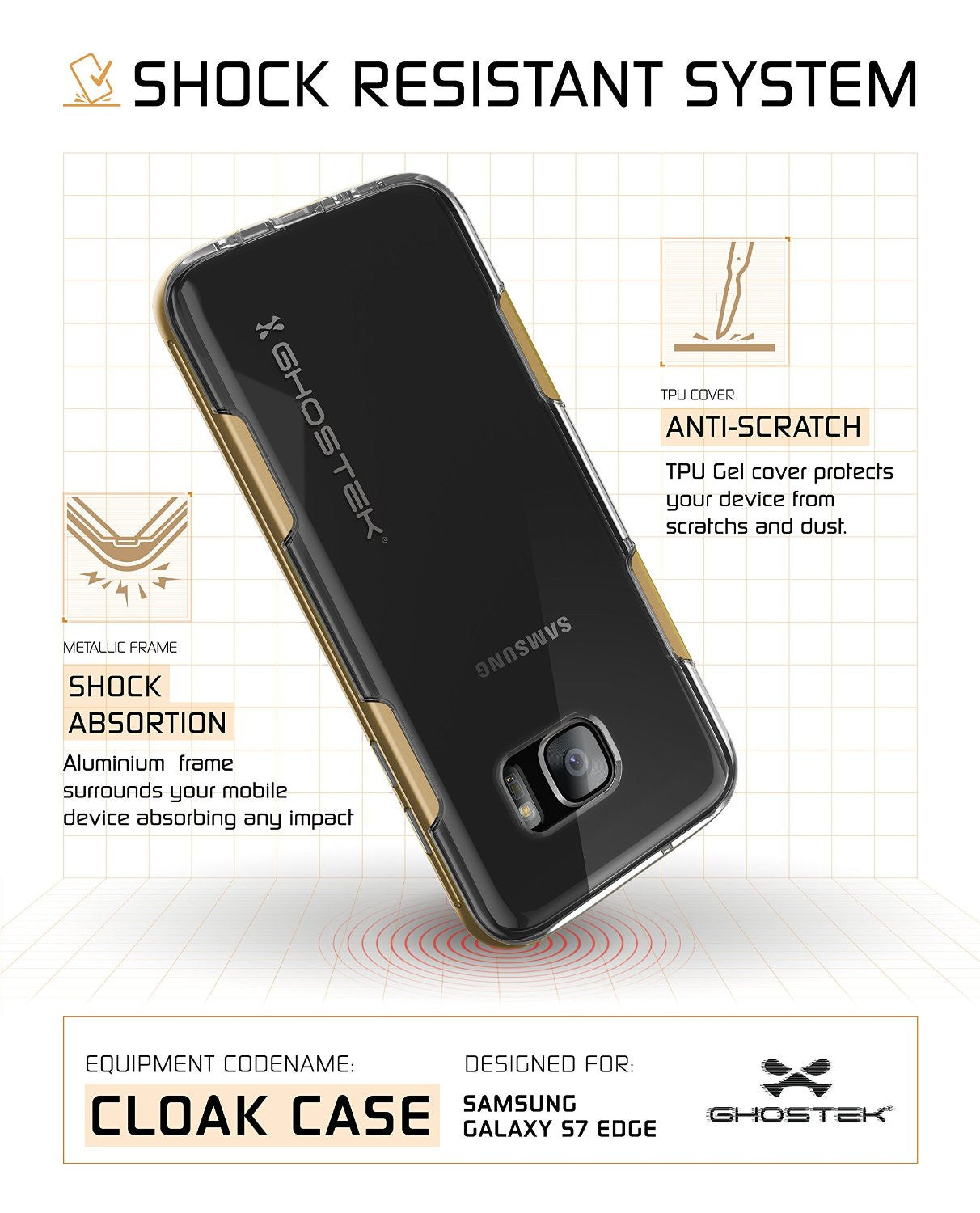 Capa para S7 Edge Ghostek® Cloak da Série Gold Slim | Moldura de alumínio Garantia vitalícia de troca