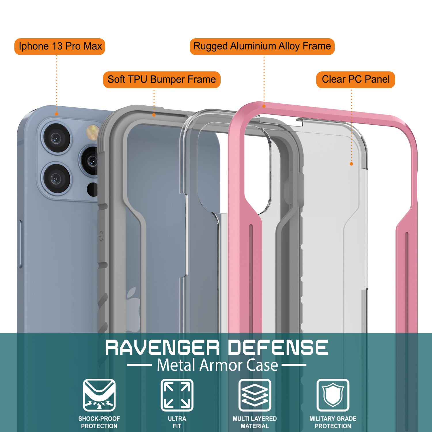 Capa protetora Punkcase iPhone 14 Pro Max Ravenger MAG Defense de Grau Militar com Camada Múltipla [Cor de Rosa-Ouro]