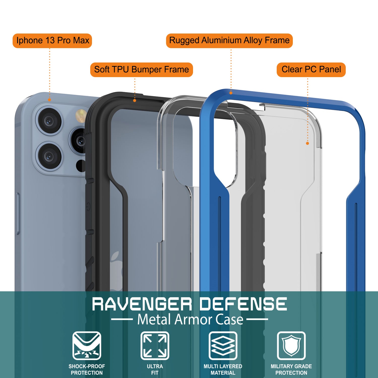 Capa protetora Punkcase iPhone 14 Pro Max Ravenger MAG Defense de Grau Militar com Cobertura Multicamada [Azul Marinho]