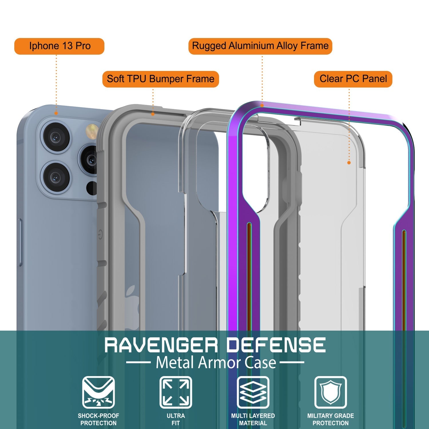 Capa protetora Punkcase iPhone 14 Pro Ravenger MAG Defense de Grau Militar com camada múltipla [Arco-Íris]