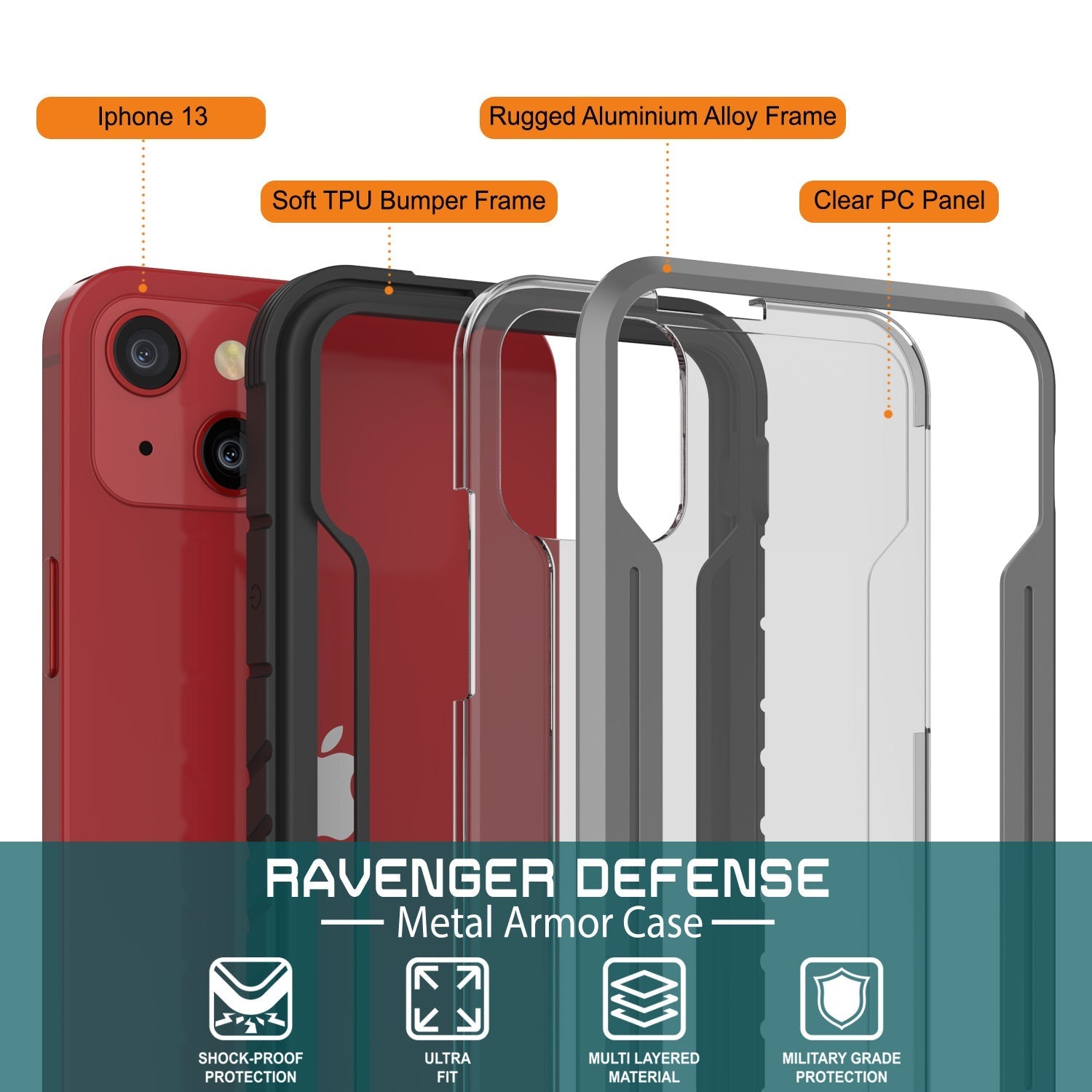Capa de defesa Punkcase iPhone 14 Ravenger MAG de grau militar protetora de várias camadas [Cinza-Preto]