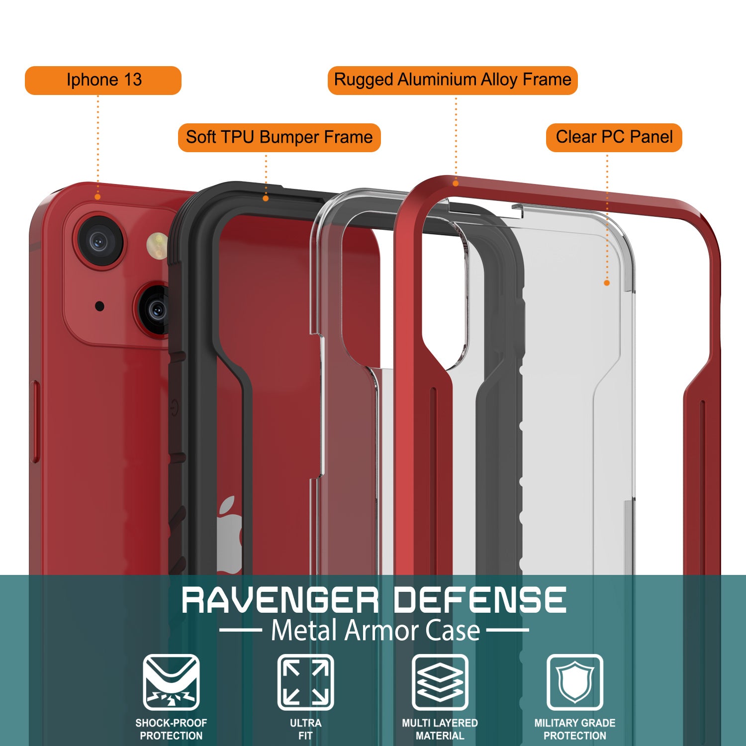 Capa protetora Punkcase iPhone 14 Ravenger MAG Defense de Grau Militar com Camada Múltipla [Vermelha]